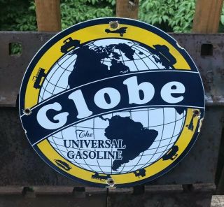 Vintage Globe Gasoline Porcelain Enamel Sign 11 3/4 Gas Oil Pump Plate Lubester
