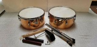 Vintage 14 " Ludwig Timbale Drums Pair W Stand & Cowbell 1960 