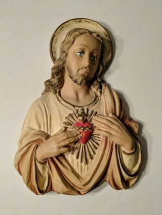 Vintage Sacred Heart Of Jesus Chalkware Wall Plaque Large 15 " Jayess Co