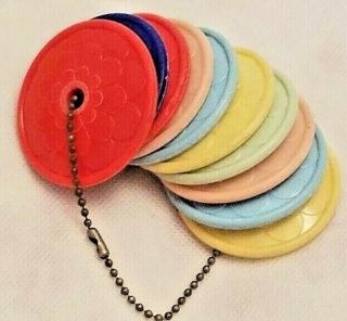 Vtg.  Bakelite Plastic Colorful Discs On Metal Chain Baby Rattle Toy 1940s 1950s