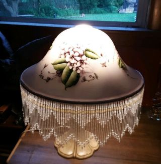 Vintage Hand Painted Frosted Glass Lamp Shade Beaded Fringe Floral Violet Tones