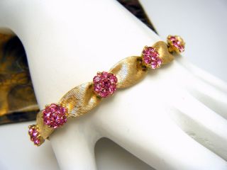 Crown Trifari Vintage Bracelet Pink Rhinestones Gold Tone Birthstone Series