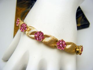 Crown Trifari Vintage Bracelet Pink Rhinestones Gold Tone Birthstone Series 2