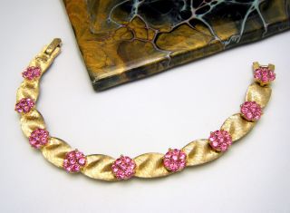 Crown Trifari Vintage Bracelet Pink Rhinestones Gold Tone Birthstone Series 3