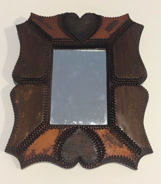 Vintage Folk Art Chip Carved Two - Tone Tramp Art Mirror Frame