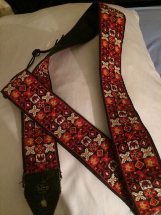 Vintage 70 ' s Hippie Pattern Ace leather backing Guitar Strap made in U.  S.  A 5
