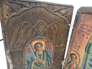 Vintage Ethiopian Wood Coptic Christian Icon Dyptich Altar Carved 2