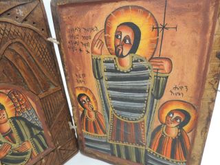 Vintage Ethiopian Wood Coptic Christian Icon Dyptich Altar Carved 3