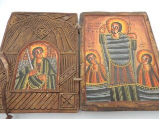Vintage Ethiopian Wood Coptic Christian Icon Dyptich Altar Carved 4