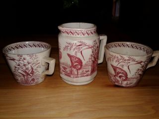 Antique Red Transferware Set - 2 Small Tea Cups & Creamer
