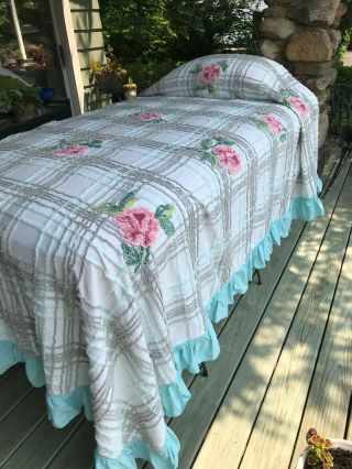 Floral Cabin Craft Vintage Chenille Bedspread Aqua Cotton Ruffle 85 " X110 "