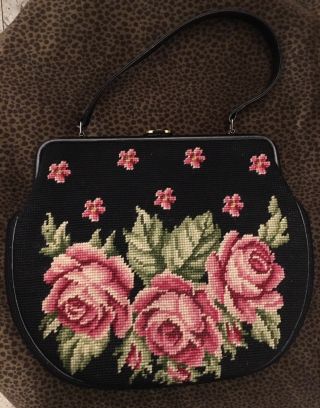 Fabulous Large Vintage Floral Roses Wool Needlepoint Handbag/purse
