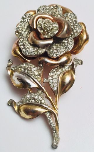 Vintage Crown Trifari Alfred Philippe Gold Rhinestone Flower Fur Clip Pin Repair