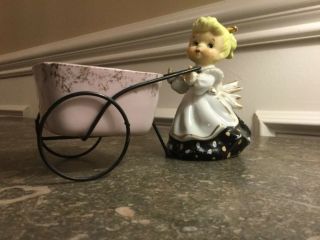 Ends 5/21 Rare Complete Vintage Lefton Girl With Wire Cart Planter