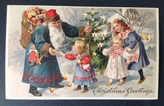 Vintage Santa Claus Hold - To - Light Postcard - Santa Greets Children Around Tree