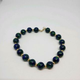 Vintage 14k Yellow Gold 585 Natural Gemstone Azurite & Malachite Bead Bracelet