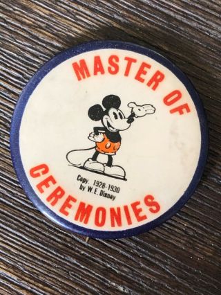 Rare Mickey Mouse " Master Of Ceremonies " Pin Button 1928 - 1930