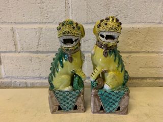 Vintage Asian Chinese Yellow & Green Porcelain Glaze Foo Dogs