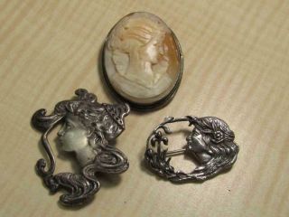 Sterling Silver Jewelry Vintage Art Nouveau Style Woman Pin Brooches Cameo