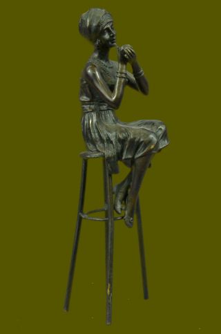 Vintage Bronze Hot Cast Little Girl Sitting On Chair Sculpture Art Nouveau Deco