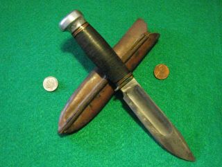 Vtg Sheath Hunt Blade MARBLES Ideal Knife 1 Old Tube Sewn Up ' front Leather Case 4