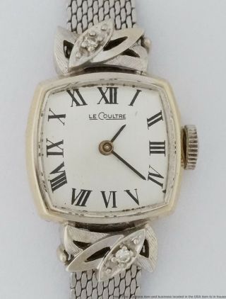 Midcentury Diamond 14k White Gold Lecoultre Ladies Lg Vintage Watch