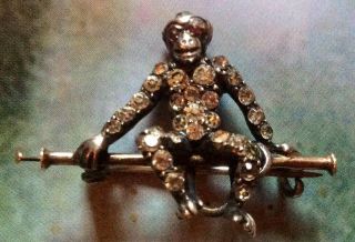 Rare Victorian Edwardian ? Solid Sterling Silver Monkey Brooch With Ruby Eyes