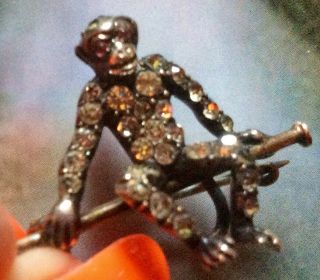 Rare Victorian Edwardian ? Solid Sterling Silver Monkey Brooch With Ruby Eyes 5