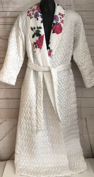 Vintage Mary Mcfadden Quilted Robe With Belt Made In Usa Women’s White Floral