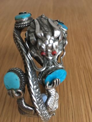 Antique Vintage Oriental Silver And Turquoise Dragon Bracelet Bangle
