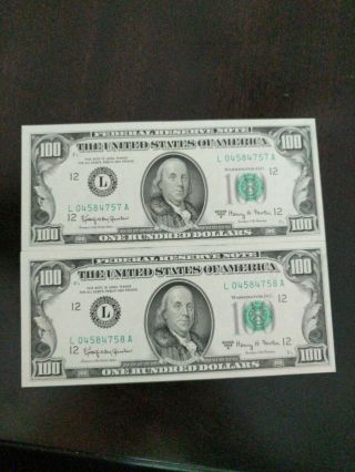 Vintage $100 Dollar Bill 1963a Series Federal Reserve Note Consecutive Notes