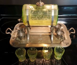 Vintage Antique Vaseline Uranium Glass Keg 8 Shot Glasses Quadruple Silver Tray