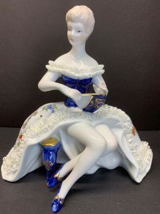 Vtg Limoges French Lady Dresden Lace On Bench W/ Fan Cobalt Blue & Gold Figurine