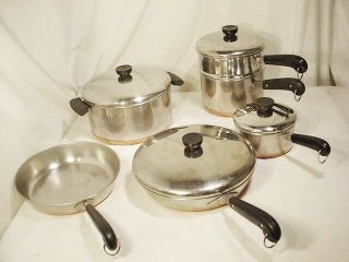 10 Pc Vtg Revere Ware Pot Pan Set Copper Clad Stock Pot Cookware Skillet Steamer