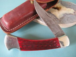 Vintage / Collectible 110 V U.  S.  A.  Buck Knife Damascus Blade - Red Bone Handles