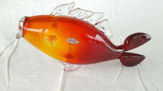 Vtg Mid Century Modern Blenko Handcrafted Blown Glass Tangerine Red Koi Fish 10 "