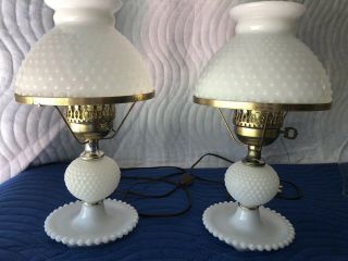 Set Of (2) Vintage Hobnail White Milk Glass Table Lamp (215)