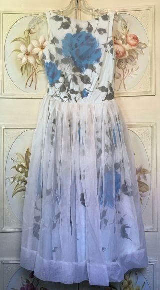 VTG VLV 50s CUPCAKE CHIFFON OVER COTTON FROTHY PARTY DRESS BABY BLUE ROSES EUC S 2