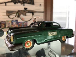 Vintage 1950s Battery Operated Police Tin Metal Car Toy With Remote By Line Mar