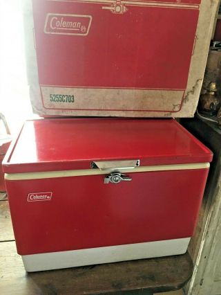 Vtg Usa Coleman Red Metal Cooler Ice Chest 1970s? Snow - Lite 22x16x13 W/box