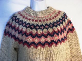 Nordic Icelandic Wool Sweater Hand Knit Womens Fair Isle Gray Tweed Pink M