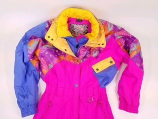 Vtg 80s Viva Prima Boulder Co Ski Snow Suit Neon Pink Yellow Blue Women 