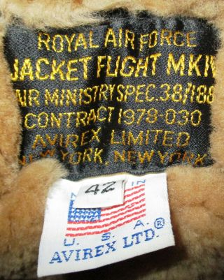 Vintage AVIREX Royal Air Force RAF Shearling Leather Flight Jacket - 42 USA 4