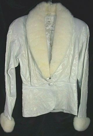 Vintage Cache S White Embroidered Jacket White Mink Collar Cuffs
