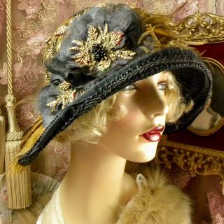 1920 ' S VINTAGE STYLE BLACK & BROWN FEATHER BEADED FLORAL CLOCHE FLAPPER HAT 2