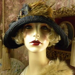 1920 ' S VINTAGE STYLE BLACK & BROWN FEATHER BEADED FLORAL CLOCHE FLAPPER HAT 3