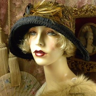 1920 ' S VINTAGE STYLE BLACK & BROWN FEATHER BEADED FLORAL CLOCHE FLAPPER HAT 4