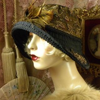 1920 ' S VINTAGE STYLE BLACK & BROWN FEATHER BEADED FLORAL CLOCHE FLAPPER HAT 5