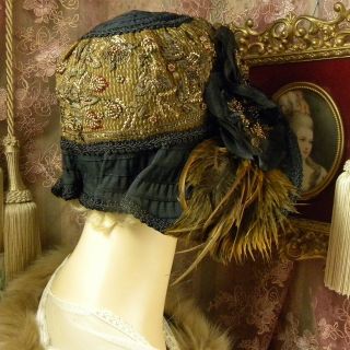 1920 ' S VINTAGE STYLE BLACK & BROWN FEATHER BEADED FLORAL CLOCHE FLAPPER HAT 8