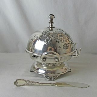 RARE WILCOX SILVER PLATED HINGED BUTTER DISH & TWIST HANDLE BUTTER KNIFE 2